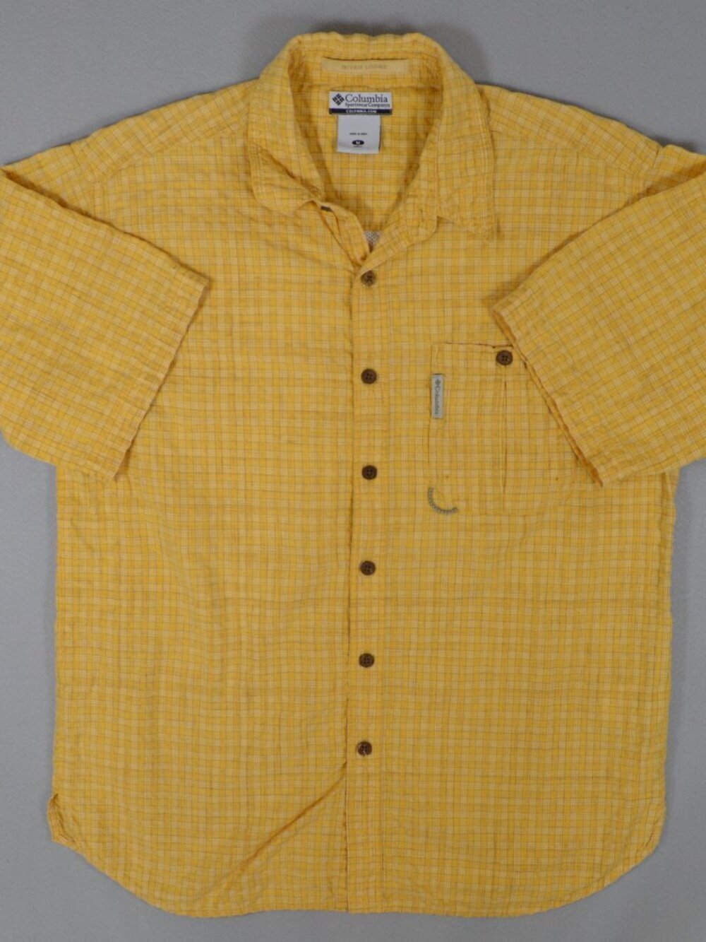 🌞 Columbia River Lodge Fishing Shirt Yellow Plaid Button Up M